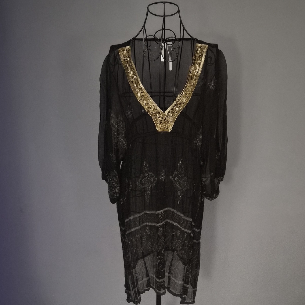 Elegant Black Sheer Tunic with Gold Accents